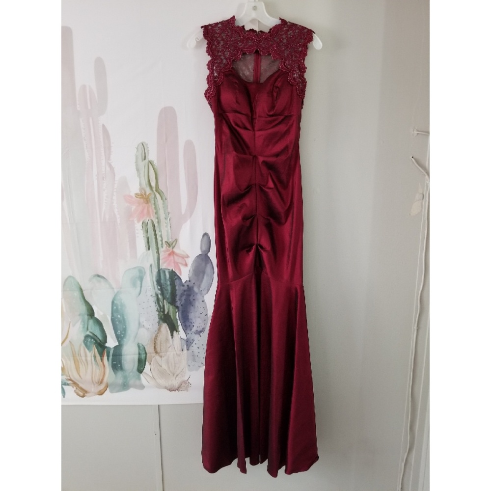 David's Bridal - Red Metallic Mermaid Prom Dress